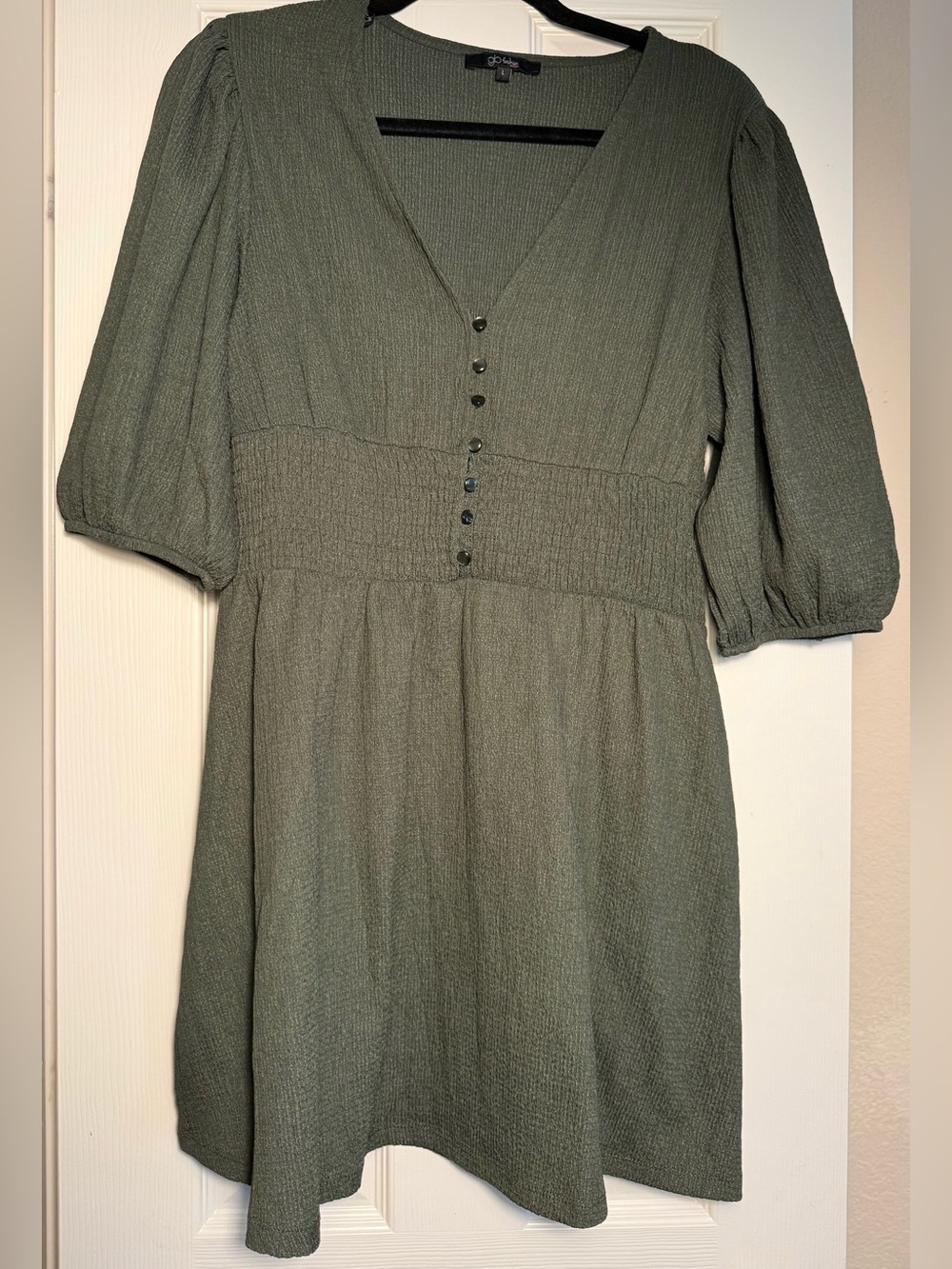 Francesca's Collections Olive Green Puff Sleeve V-Neck Mini Dress